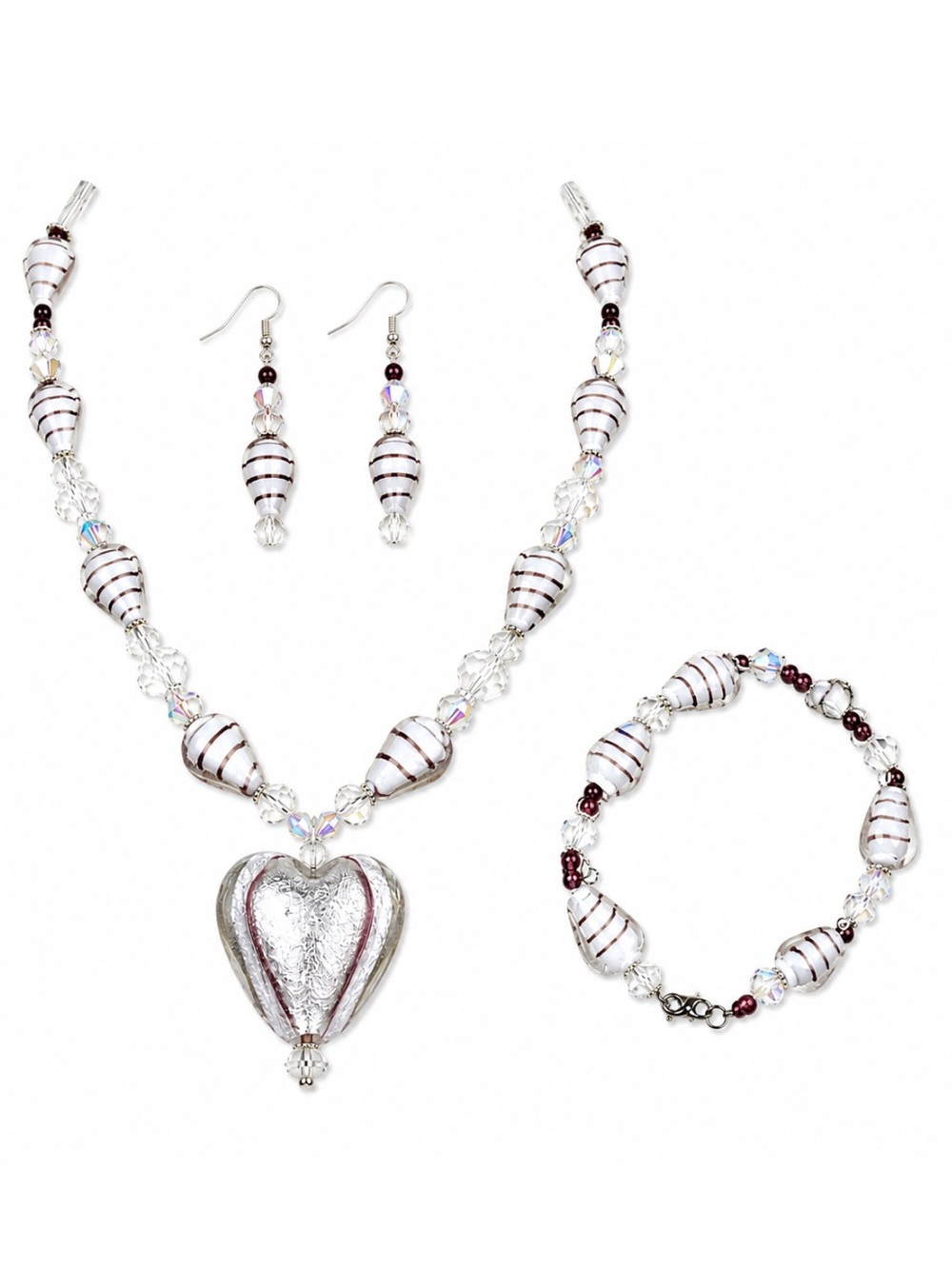 White and Silver Heart Pendant Necklace & Bracelet Set - Women Jewelry